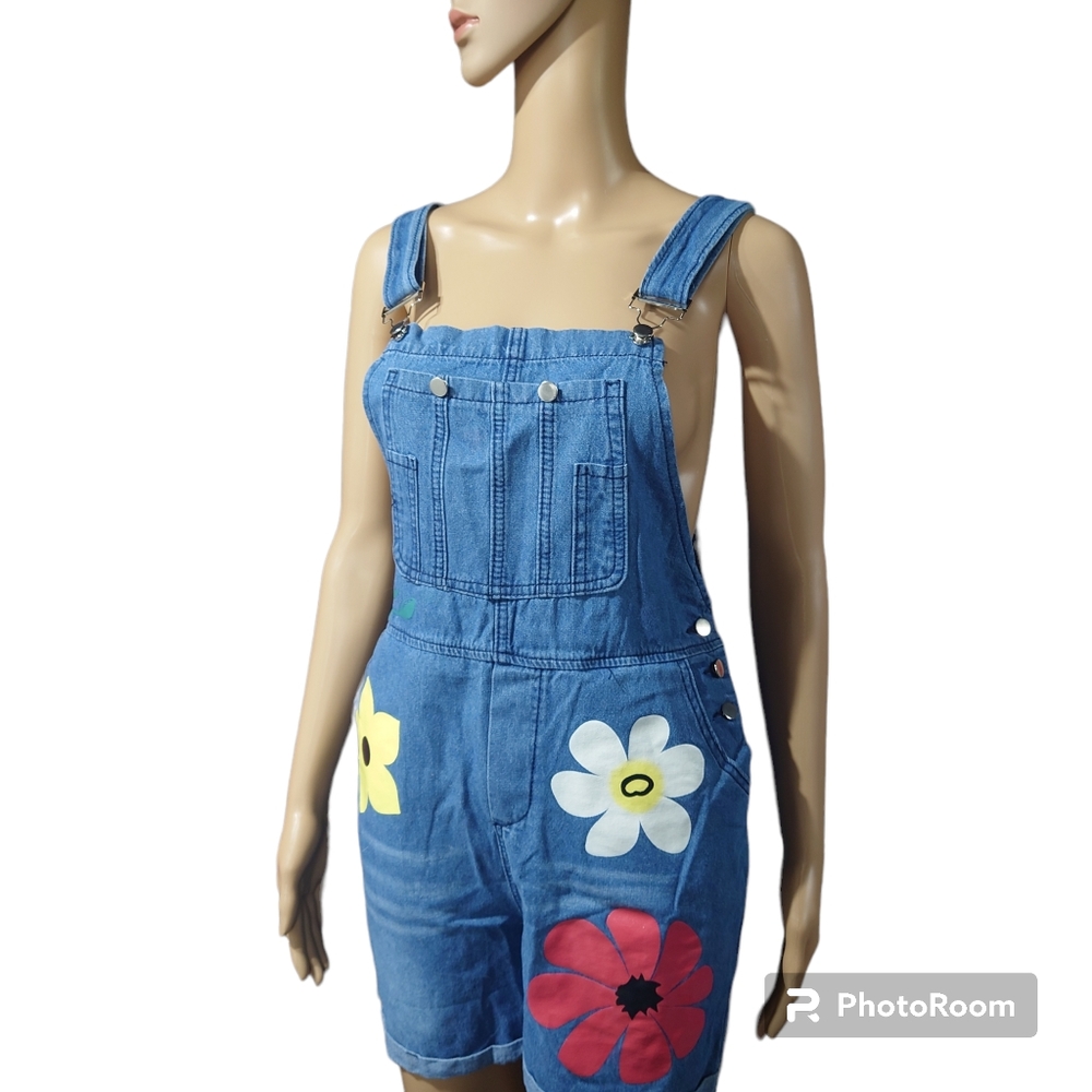 Painted floral bib overall shorts